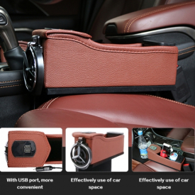 Double USB Port Multifunction Leather Catcher Box Car Seat Cup Coil Pocket Storage Organizer