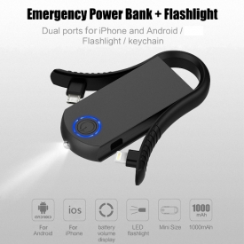 Power Bank + Flashlight Outdoor Emergency Charger Keyring Built-in Interchangeable Lightning Cable and Micro USB Cable 1000mAh Battery