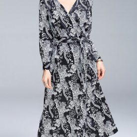 Leopard Casual Printed H-line Cotton-blend Wrap Dress with Belt