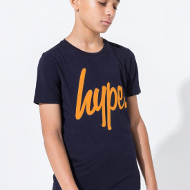 Hype Navy Orange Script Kids T-Shirt | Size 5-6