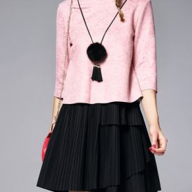 3/4 Sleeve Pleated Plain Elegant Two Piece Mini Dress