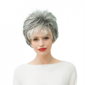 11” Real Human Hair Woman Wigs Short Straight Hairpiece Heat Resistant Grey Female Wig