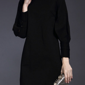 Black Shift Paneled Balloon Sleeve Crew Neck Mini Dress