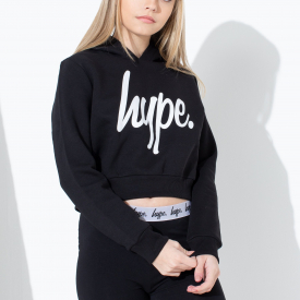 Hype Black White Script Kids Crop Hoodie | Size 9-10