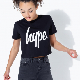 Hype Black White Script Kids Crop T-Shirt | Size 13