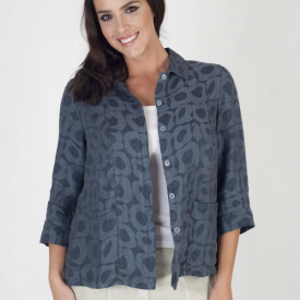 Vetono Navy Jacquard Linen Cropped Jacket