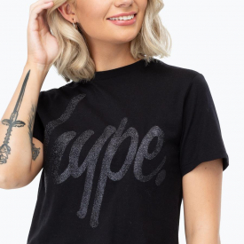 Hype Glitter Script Womens Crop Black T-Shirt | Size 10