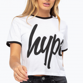 Hype White Ringer Script Women’s Crop T-Shirt | Size 8