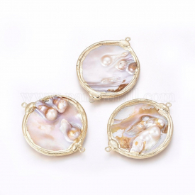 Electroplate Shell Links/Connectors, with Golden Plated Brass Findings, Flat Round, 53~55×41~42×4.5~10mm, Hole: 2mm