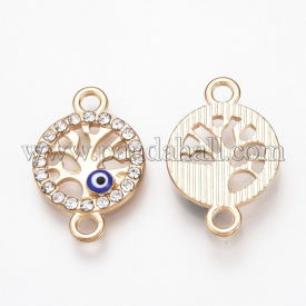 Alloy Rhinestone Links, Enamel Style, Flat Round with Tree of Life and Evil Eye, Blue, Light Gold, 21x14x3mm, Hole: 2mm