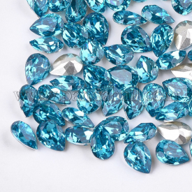 Pointed Back Resin Rhinestone Cabochons, Back Plated, Faceted, Drop, Blue Zircon, 9.5~10×6.5~7×4~4.5mm; about 600pcs/bag