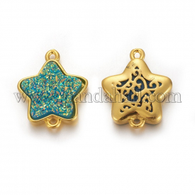 Brass Links, with Druzy Acrylic, Golden Plated Color, Star, Turquoise, 17.5x15x3.7mm, Hole: 1mm