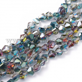 Electroplate Glass Beads Strands, Half Plated, Faceted, Drop, Colorful, 7x8x6.5mm, Hole: 1.2mm; about 70pcs/strand, 18.1″(46cm)
