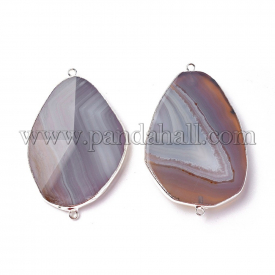 Natural Grey Agate Links/Connectors, with Metal Findings, Faceted, Nuggets, Silver, 58~60×37~38×7~8mm, Hole: 1.8mm