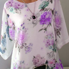 Size Floral Round Neckline Casual Shift 34 Down Blouses