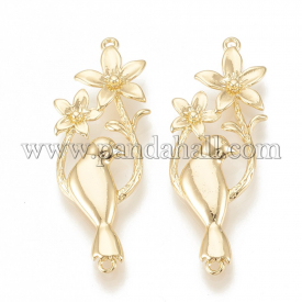 Brass Links/Connectors, Bird with Flower, Real 18K Gold Plated, 36.5×13.5×2.5mm, Hole: 0.5mm