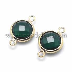 Brass Links, with Faceted Glass, Flat Round, Lead Free & Cadmium Free, Golden, DarkGreen, 14x9x3.5mm, Hole: 1mm