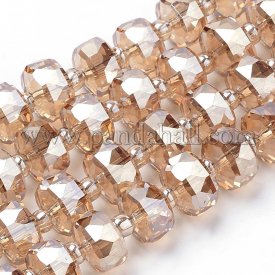 Electroplate Glass Beads Strands, Rainbow Plated, Faceted, Flat Round, PeachPuff, 8x6mm, Hole: 1mm; about 80pcs/strand, 24.7″