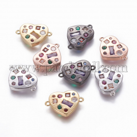 Brass Links, with Cubic Zirconia, Heart, Colorful, Mixed Color, 14x20x3mm, Hole: 1.2mm