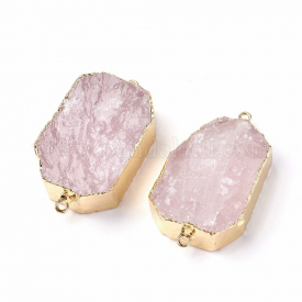 Natural Rose Quartz Links/Connectors, with Metal Findings, Nuggets, Golden, 43~44x25x11~15mm, Hole: 1.8mm