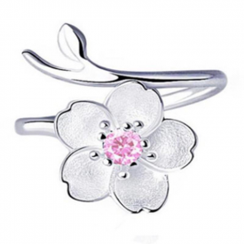 Purple Rhinestone Flower Charm Adjustable Open Ring