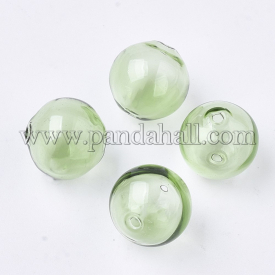 Handmade Blown Glass Beads, Round, LightGreen, 16x16mm, Hole: 1~2mm