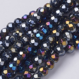 Glass Beads Strands, Faceted Round, Black, AB Color Plated, 6mm, Hole: 1mm, about 50pcs/strand