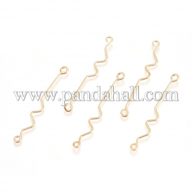 Brass Links, Nickel Free, Wave, Real Gold Plated, 50x5x1mm, Hole: 2mm