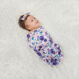 Newborn Baby Purple Floral Swaddle Blanket Headband Set Cotton Infant Wrap