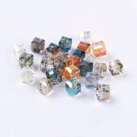 Electorplated Glass Beads, Rainbow Plated, Faceted, Cube, Mixed Color, 7x7x7mm, Hole: 1mm