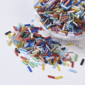 Glass Bugle Beads, Seed Beads, Mixed Color, about 6mm long, 2mm wide, hole: 0.5mm, about 10000pcs/450g