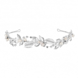 Designer Silver Crystal And Pearl Leaf Swirl Hair Headband