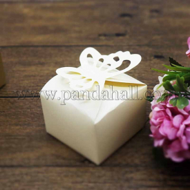 Foldable Creative Iridescent Paper Box, Wedding Favour Boxes, Gift Candy Packing Box, Butterfly, Beige, 6x6x4cm