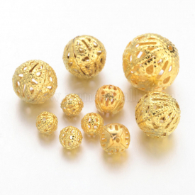 Iron Filigree Beads, Round, Golden Color, Size: about 6~16mm in diameter, 6~15mm thick, hole: 1~6mm, about 200g/bag