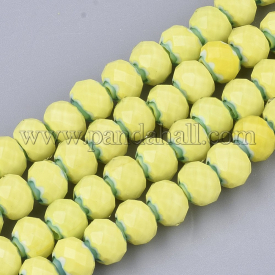 Glass Beads Strands, Faceted, Rondelle with Flower, Yellow, 9.5~10×7.5~8mm, Hole: 1.5~2mm; about 72pcs/strand, 21.2”