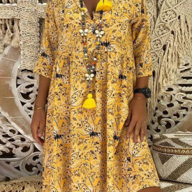 Yellow Size Floral Collar Plus Size Dresses For Women