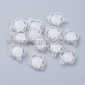 Glass Links/Connectors, with Environmental Alloy Open Back Berzel Findings, Faceted, Flower, Silver, White, 15.5x12x3mm, Hole: 1.4mm