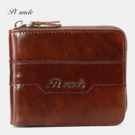 Men Genuine Leather Vintage RFID Blocking Zipper Coin Wallet