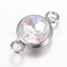 K9 Glass Links/Connectors, Faceted, with 304 Stainless Steel Findings, Flat Round, Stainless Steel Color, Crystal AB, 17.5x10x6.5mm, Hole: 2.5mm