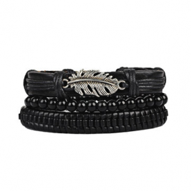 Punk Feather Black Leather Bracelet