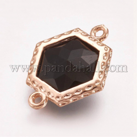 Faceted Glass Links/Connectors, with Brass Finding, Hexagon, Light Gold, Black, 18×14.5x5mm, Hole: 1mm