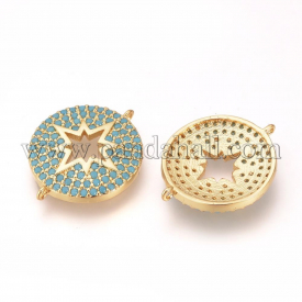 DIY Brass Micro Pave Cubic Zirconia Links, Flat Round, Golden, 21.5x17x3mm, Hole: 1mm