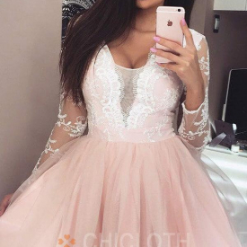 Scoop Pearl Pink Tulle Homecoming Party Dress with Sleeves Lace-Cheap Casual Dresses