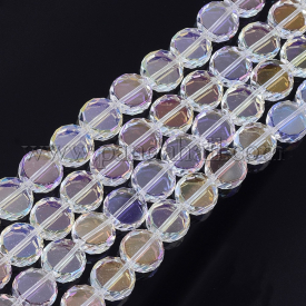 Electroplate Glass Beads Strands, AB Color Plated, Faceted, Flat Round, Clear AB, 12×5~5.5mm, Hole: 1mm; about 50pcs/strand, 22.8”