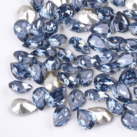 Pointed Back Resin Rhinestone Cabochons, Back Plated, Faceted, Drop, Montana, 9.5~10×6.5~7×4~4.5mm; about 600pcs/bag