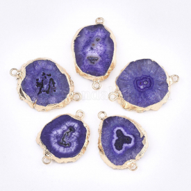 Electroplate Natural Druzy Agate Links/Connectors, with Iron Findings, Dyed, Golden, BlueViolet, 30~40×15~30×3~6mm, Hole: 2mm
