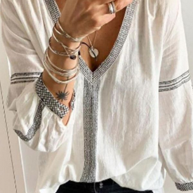 Color Block Casual Vneckline Long Blouses For Women
