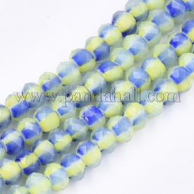Glass Beads Strands, Faceted, Two Tone, Rondelle with Flower, RoyalBlue, 7.5~8×5.5mm, Hole: 1~1.5mm; about 74pcs/strand, 16.1”