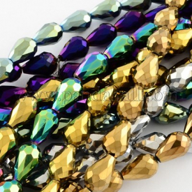 Electroplate Glass Bead Strands, Faceted, Drop, Mixed Color, 7x6mm; Hole: 1mm, about: 72pcs/strand, 19.3″