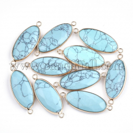 Synthetic Turquoise Links, with Brass Findings, Faceted, Oval, Golden, 39x16x6mm, Hole: 2mm